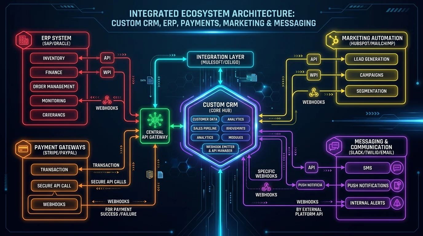 API gateway and webhook automations architecture explaining how to build a custom CRM