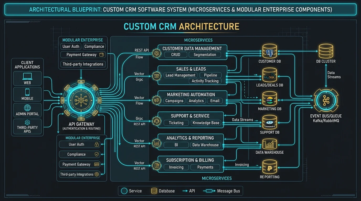 Custom CRM architecture and microservices system design showing how to build a custom CRM