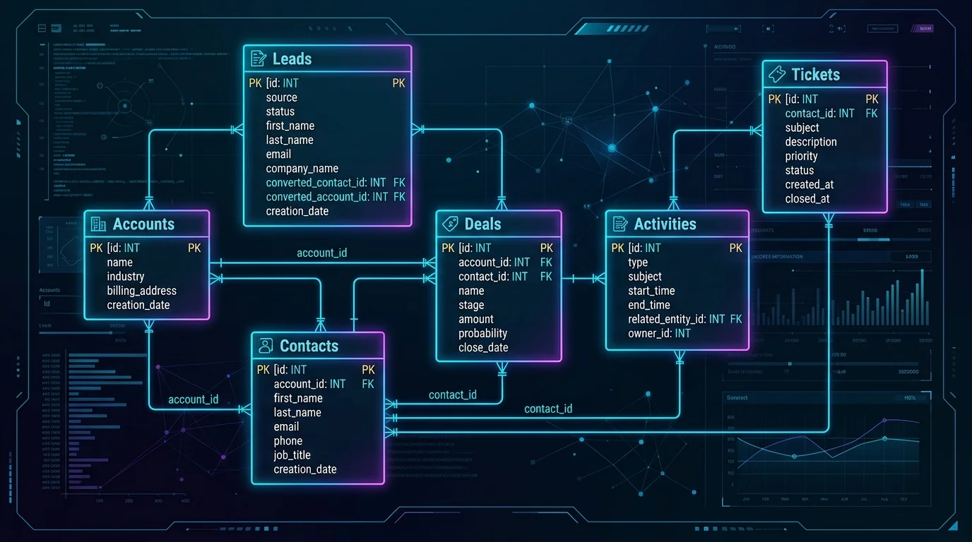 Relational database schema and entity relationships for how to build a custom CRM